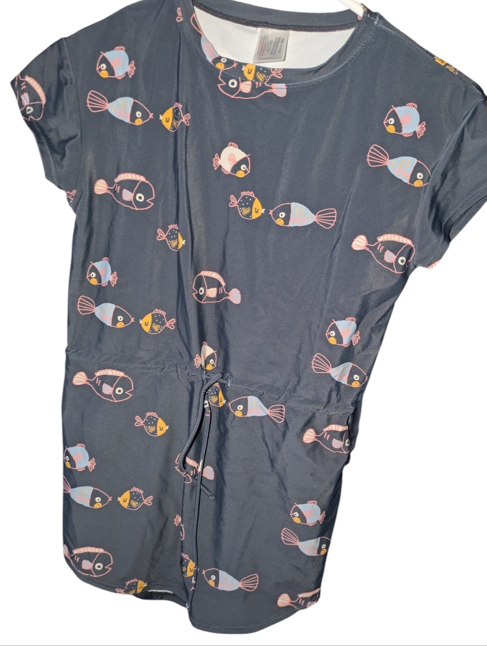 Girls Navy Fish-Print Short Sleeve Swim Rashguard Dress with Drawstring